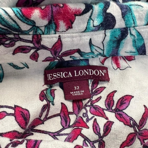 Jessica London Button Front Linen Blend Blouse Floral Size 32 - Picture 3 of 4